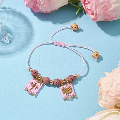 Natural Lava Rock & Natural Rose Quartz & Glass Seed Beaded Braided Bracelets BJEW-MZ00063-02-1