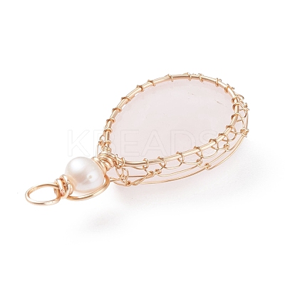 Natural Rose Quartz Copper Wire Wrapped Pendants PALLOY-JF01398-03-1