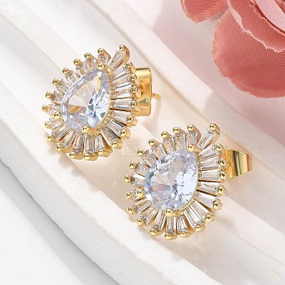 Brass Micro Pave Clear Cubic Zirconia Stud Earrings EJEW-C139-03G-1