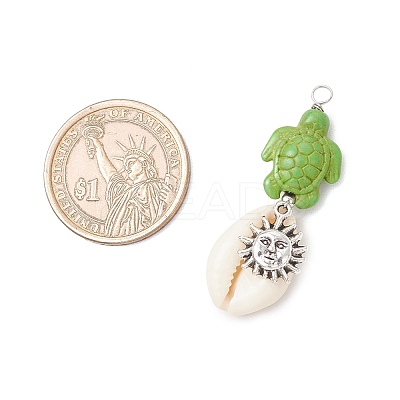 15Pcs 15 Styles Natural Cowrie Shell & Dyed Synthetic Turquoise Turtle Copper Wire Wrapped Pendants PALLOY-JF04034-1