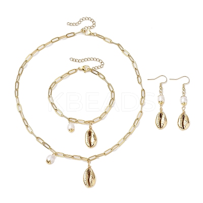 Natural Freshwater Pearl & Electroplated Shell Necklace and Bracelet and Dangle Earring Sets SJEW-JS01314-1