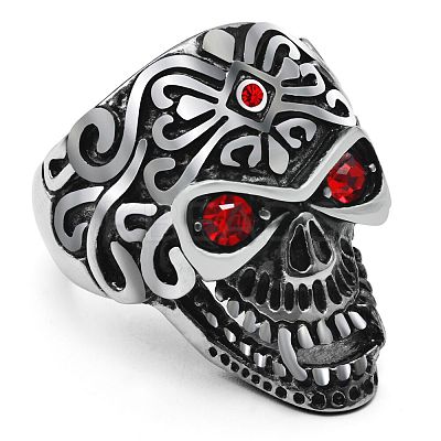Stainless Steel Skull Finger Ring with Rhinestone SKUL-PW0002-038C-AS-1