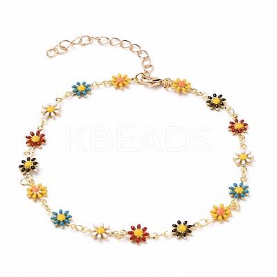 Golden Brass Flower Enamel Links Anklets AJEW-AN00333-01-1