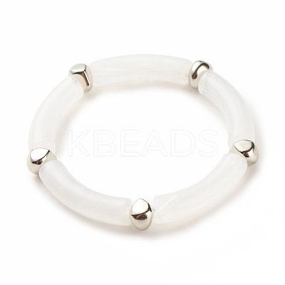 White Acrylic Curved Tube Chunky Stretch Bracelet with CCB Plastic for Women BJEW-JB08126-01-1