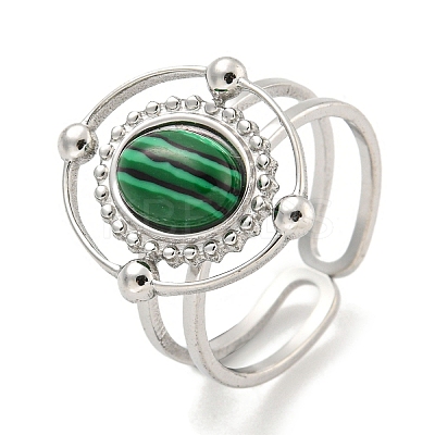 304 Stainless Steel Synthetic Malachite Cuff Rings G-Z056-04P-03-1