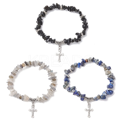 3Pcs Natural Mixed Gemstone Chip Beaded Stretch Bracelets BJEW-JB12316-1