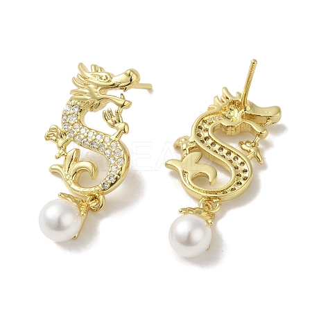 Rack Plating Brass Micro Pave Clear Cubic Zirconia Dragon Hold Glass Pearl Ball Stud Earrings for Women EJEW-P280-26G-1
