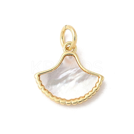 Brass Pave Natural White Shell Fan Charms with Jump Rings KK-S522-17G-1