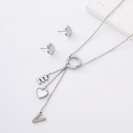 304 Stainless Steel Stud Heart Earrings & Letter VE Tassel Necklaces Sets for Women ZF6190-5-1