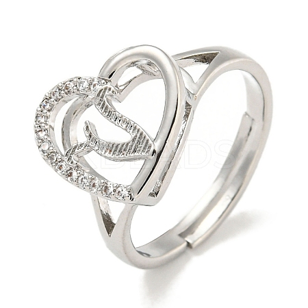 Heart with Letter Rack Plating Brass Micro Pave Cubic Zirconia Adjustable Rings for Women RJEW-I105-06P-V-1