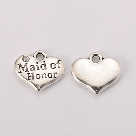 Wedding Theme Antique Silver Tone Tibetan Style Heart with Maid of Honor Rhinestone Charms X-TIBEP-N005-05B-1