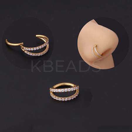Brass Micro Pave Clear Cubic Zirconia 2 Lines Hoop Nose Rings WGEB7C1-06-1