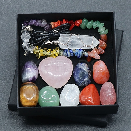 Tumbled and Heart Stone & Bracelet & Necklace Mixed Natural Gemstone Healing Stones Set PW-WG44401-01-1