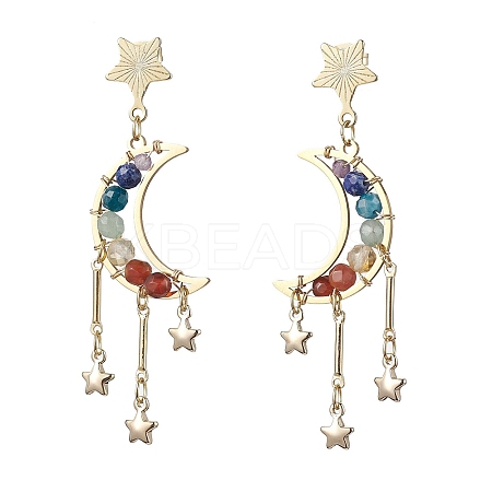Chakra Moon Copper Wire Wrapped Gemstone Stud Earring EJEW-TA00484-1