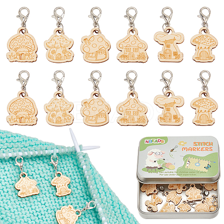 Wood Mushroom House Pendant Locking Stitch Markers HJEW-NB00121-1