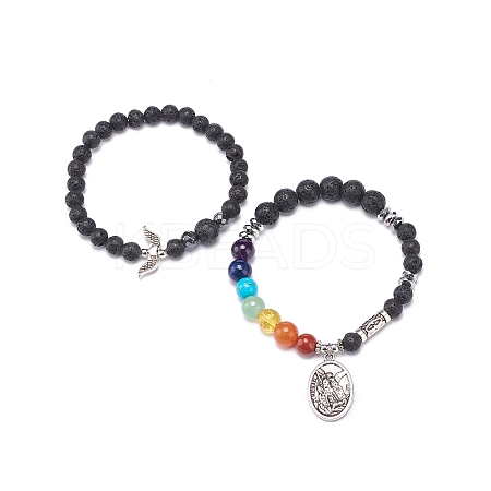 2Pcs 2 Style Style Natural Lava Rock & Mixed Stone & Synthetic Hematite Stretch Bracelets Set BJEW-JB08733-1
