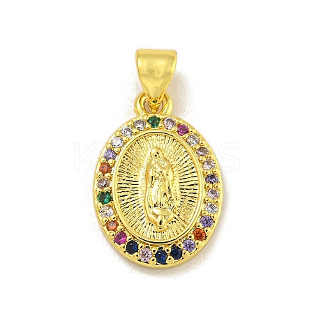 Virgin Mary Theme Rack Plating Brass Micro Pave Cubic Zirconia Pendants KK-C074-23G-01-1