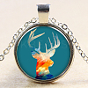 Christmas Reindeer/Stag Pattern Flat Round Glass Pendant Necklaces NJEW-N0051-034G-02-1