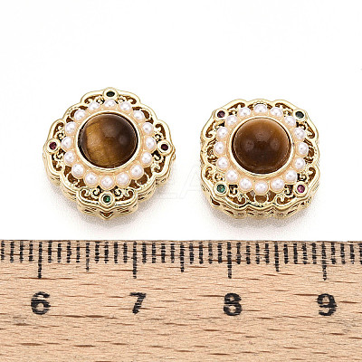 Brass Colorful Cubic Zirconia & Natural Tiger Eye Rhombus Beads KK-N258-13G-1