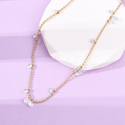304 Stainless Steel Ball Chain Colorful Cubic Zirconia Flat Round Tassel Necklaces for Women NJEW-A051-03G-02-1