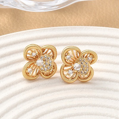 Brass Micro Pave Clear Cubic Zirconia Flower Stud Earrings EJEW-D337-09G-1