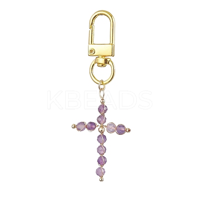 Wire Wrapped Natural Gemstone Cross Pendant Decoration HJEW-JM01932-1