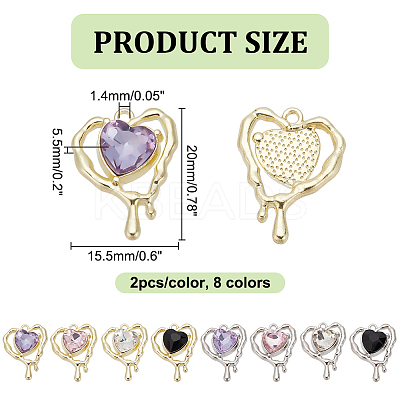 16Pcs 8 Colors Glass Melting Heart Pendant PALLOY-DR0001-02-1