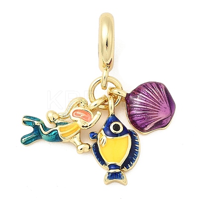 Brass Colorful Enamel Woman Fish Shell Shape European Dangle Charms KK-C137-20G-1