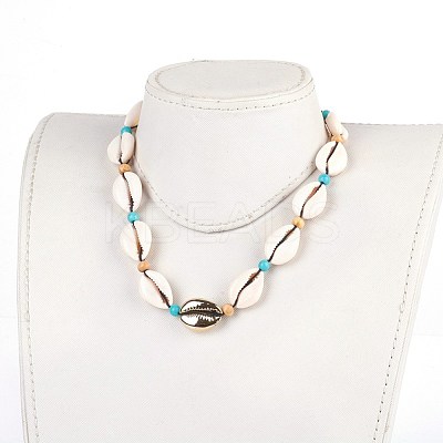 Adjustable Cowrie Shell and Synthetic Turquoise Beaded Necklaces NJEW-JN02300-02-1