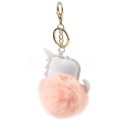 Imitation Rex Rabbit Fur Ball & PU Leather Unicorn Pendant Keychain LS-KEYC-K018-01KCG-03-1
