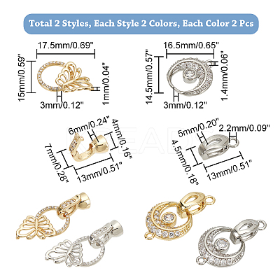 8Pcs 4 Styles Flat Round & Butterfly Brass Clear Cubic Zirconia Fold Over Clasps KK-DC0001-64-1