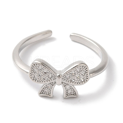 Bowknot Brass Micro Pave Clear Cubic Zirconia Open Cuff Rings for Women RJEW-C098-09P-1