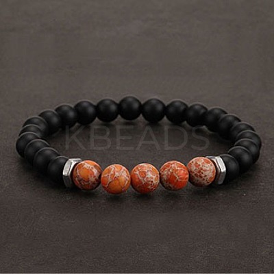 8MM Dyed Natural Imperial Jasper and Frosted Black Round Beaded Stretch for Men DZ7575-4-1