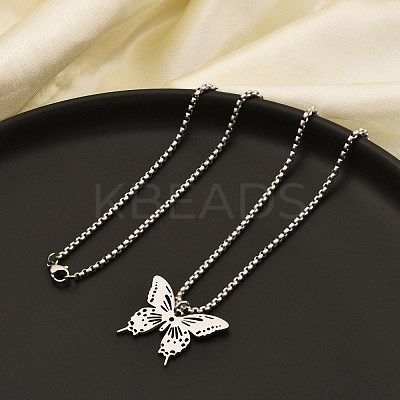201 Stainless Steel Laser Cut Butterfly Pendant Box Chain Necklaces for Women LS-NJEW-Q004-03P-1