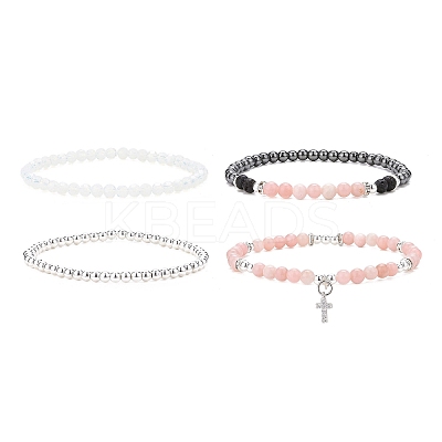 4Pcs 4 Style Natural & Synthetic Mixed Gemstone Round Beaded Stretch Bracelets Set BJEW-JB09082-1