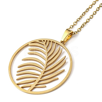201 Stainless Steel Feather Pendant Necklace with Cable Chains NJEW-Q317-22G-1