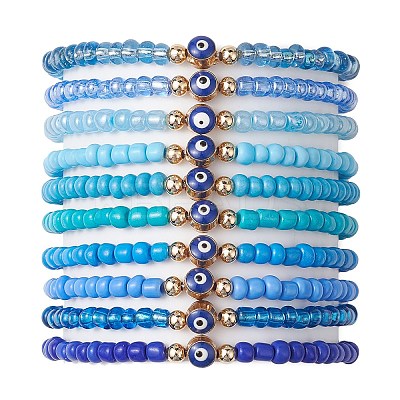 10Pcs 10 Styles Blue Color Palette Glass Seed Beaded Stretch Bracelets Sets BJEW-MZ00096-1