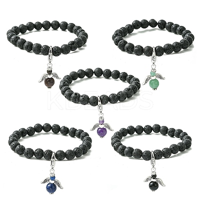 Natural Lava Rock & Gemstone Stretch Bracelet with Alloy Fairy Charms BJEW-JB08730-1
