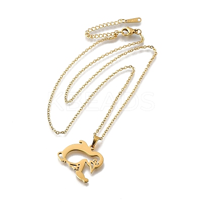 304 Stainless Steel Laser Cut Penguin with Fish Pendant Necklaces for Women Men NJEW-Q032-01B-G-1