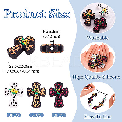 9Pcs 3 Colors Cross with Flower Silicone Focal Beads SIL-TA0001-96-1