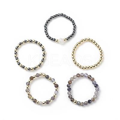 5Pcs 5 Style Natural Rainbow Moonstone & Dichroite & Synthetic Hematite Round Beaded Stretch Finger Rings Set RJEW-JR00527-1