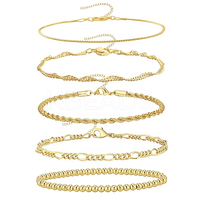 5Pcs 5 Styles Brass Chain Bracelets & Stretch Bracelets Set for Women BJEW-D357-03G-1