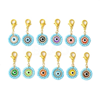 12Pcs 12 Colors Flat Round with Evil Eye Resin & Glass Seed Pendant Decorations HJEW-MZ00094-1