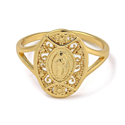 Oval with Virgin Mary Brass Open Cuff Rings for Women RJEW-Z050-08G-1