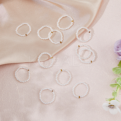 12Pcs Plastic Imitation Pearl & Brass Beaded Stretch Ring RJEW-FI0001-10-1