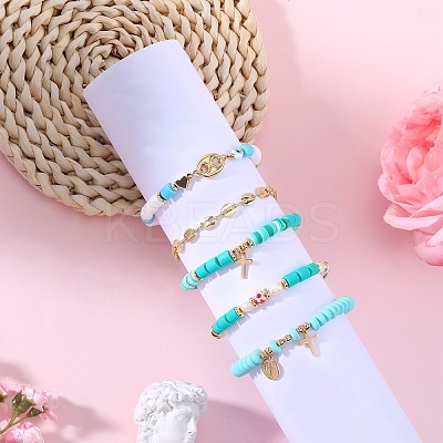 5Pcs 5 Style Handmade Polymer Clay Stretch & Brass Beaded & Alloy Link Chain Bracelets Set BJEW-SZ0001-66C-1
