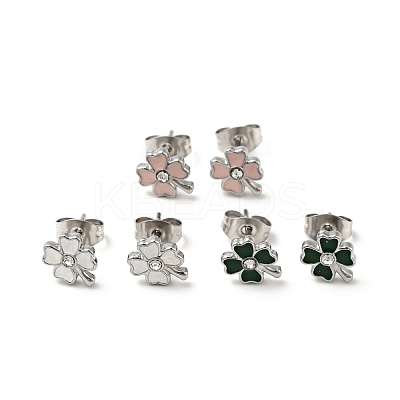 Enamel Clover with Crystal Rhinestone Stud Earrings with 316 Surgical Stainless Steel Pins EJEW-A081-12P-1