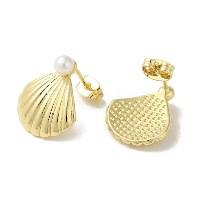 Rack Plating Brass & Round Glass Pearl Beach Shell Shaped Stud Earrings for Women EJEW-P280-28G-1