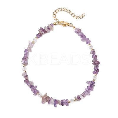 Natural Amethyst Chip & Glass Beaded Anklets AJEW-AN00682-02-1