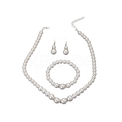 Round ABS Plastic Imitation Pearl Beaded Necklaces & Dangle Earring & Bracelets Sets FS-WG32AE8-01-1